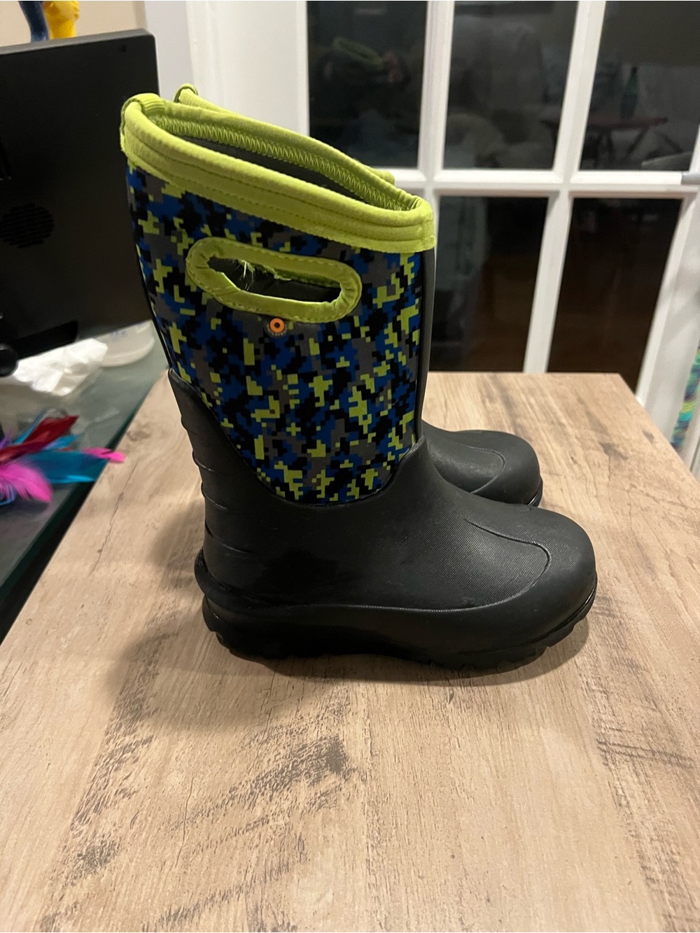 Bogs Kids Black Rain & Lime Green Pixel-Print Boots